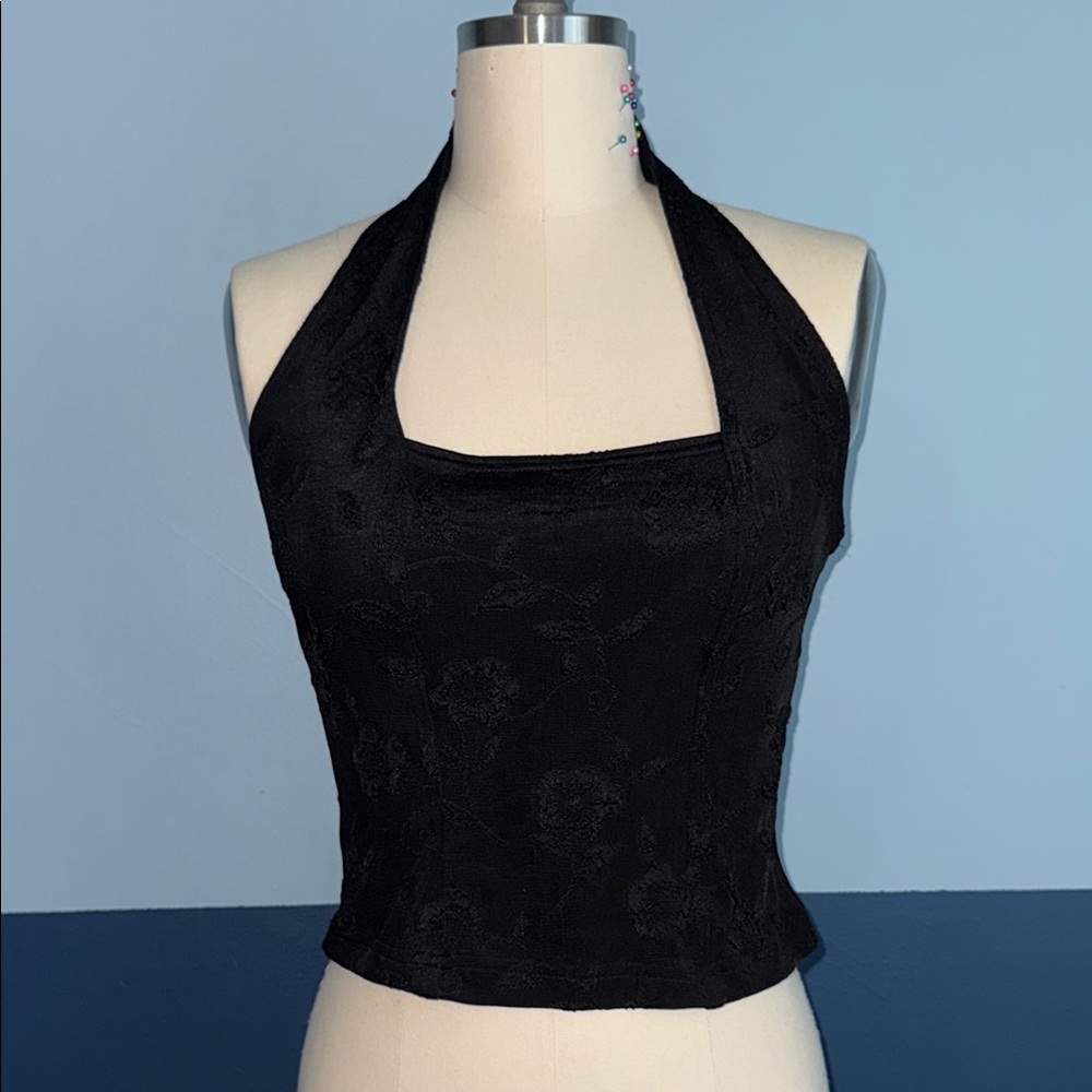 Vintage Black Halter Top With Black Lace Detailing